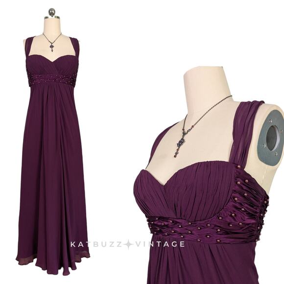 Vintage Silk Prom Dress Maxi Gown 10 Purple Babydoll Y2K Fairy Princess Beaded - Picture 1 of 12